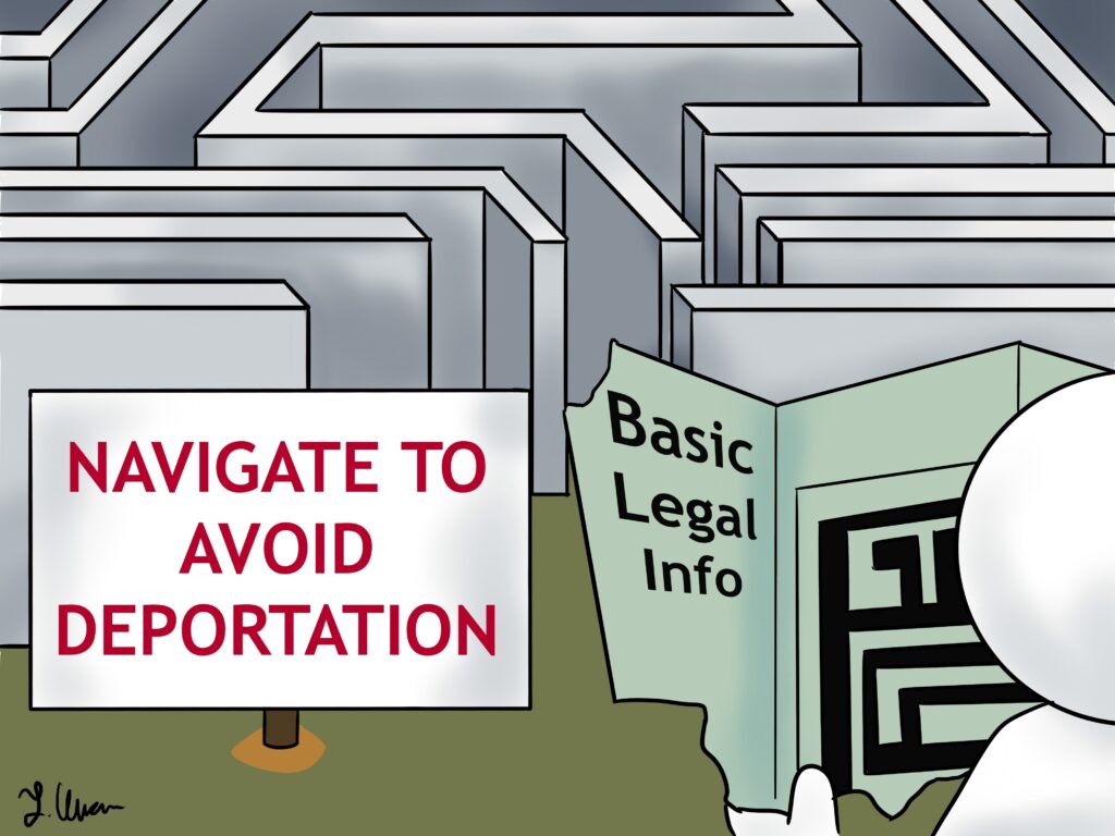 Cartoon depicting legal information programs' role in supporting unrepresented noncitizens navigating the U.S. immigration system
