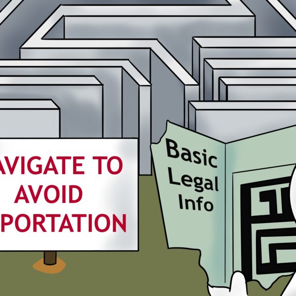 Cartoon depicting legal information programs' role in supporting unrepresented noncitizens navigating the U.S. immigration system