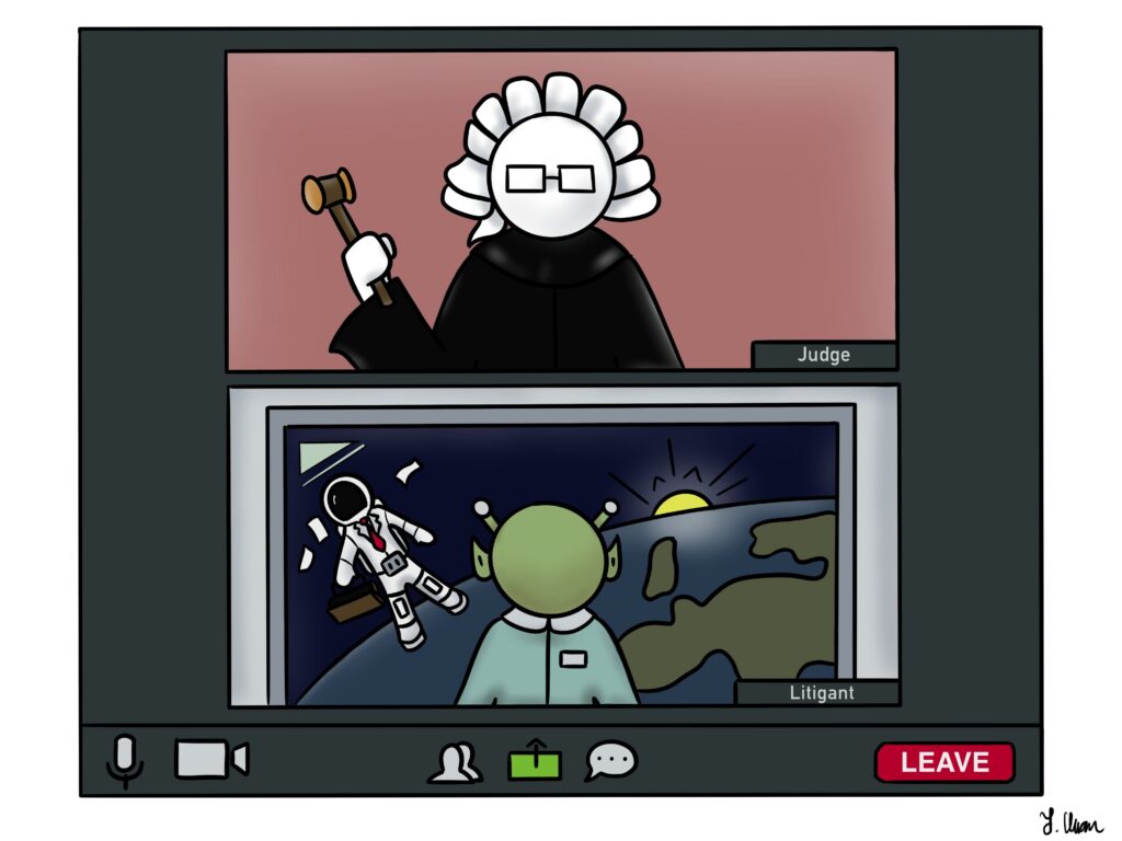 Cartoon of effect of Zoom court on failure to appear rates