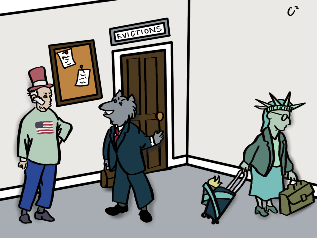 Cartoon depicting a lawyer shown as a wolf evicting the Statue of Liberty and replacing her with Uncle Sam