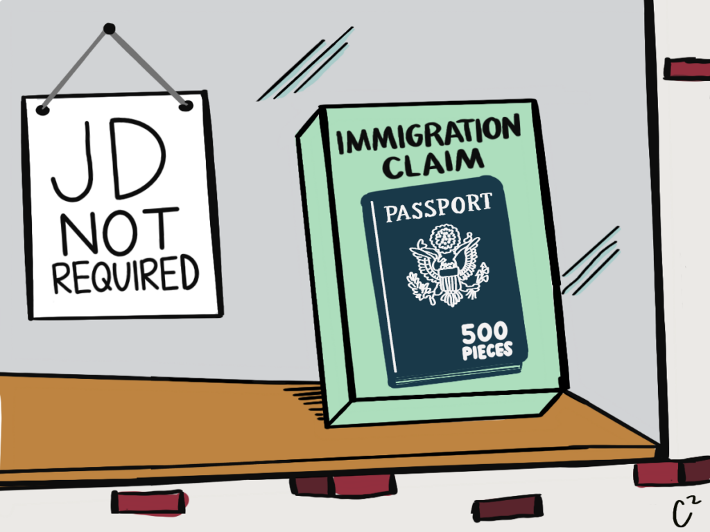 Cartoon depicting non-lawyer legal services in agency immigration litigation