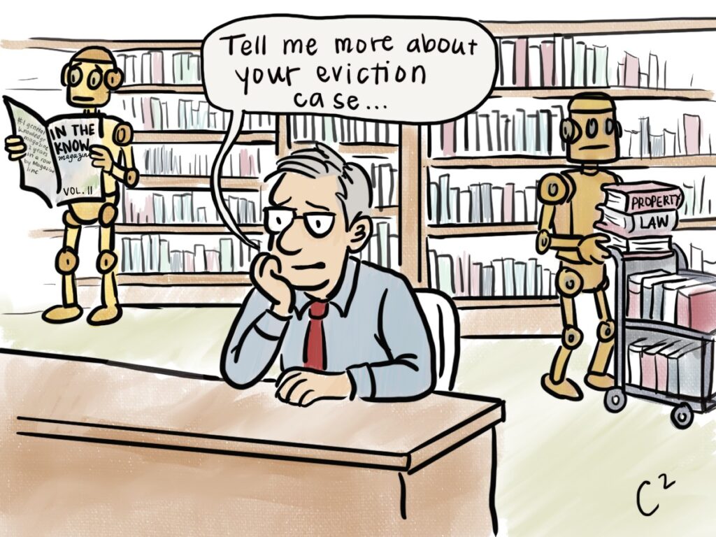 Cartoon depicting pro bono attorneys getting legal information and advice from AI
