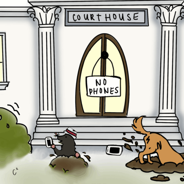 Cartoon depicting courthouse cellphone bans