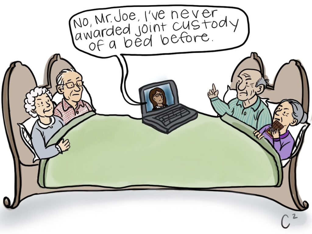 Cartoon depicting an online court hearing held from a bedroom