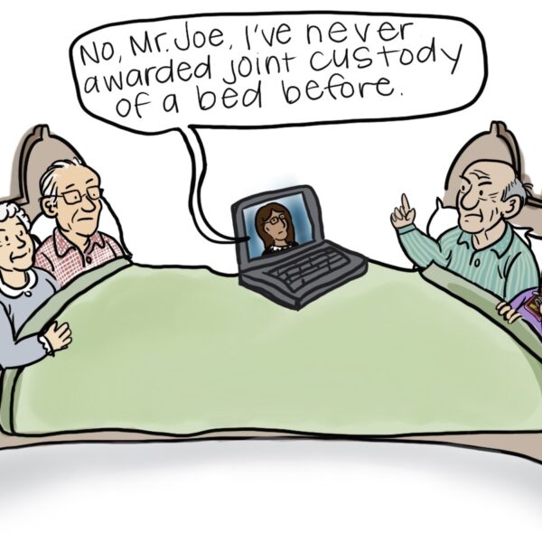 Cartoon depicting an online court hearing held from a bedroom