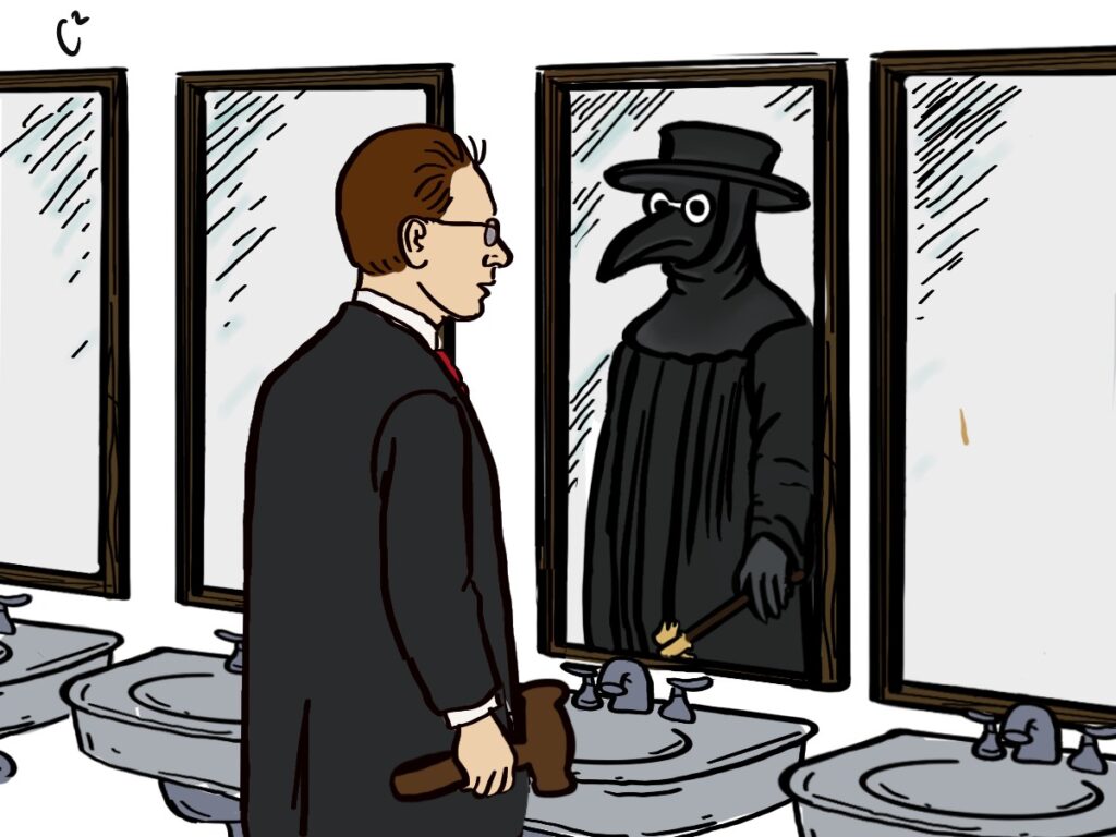 Cartoon depicting a lawyer seeing medical quackery in his mirror reflection
