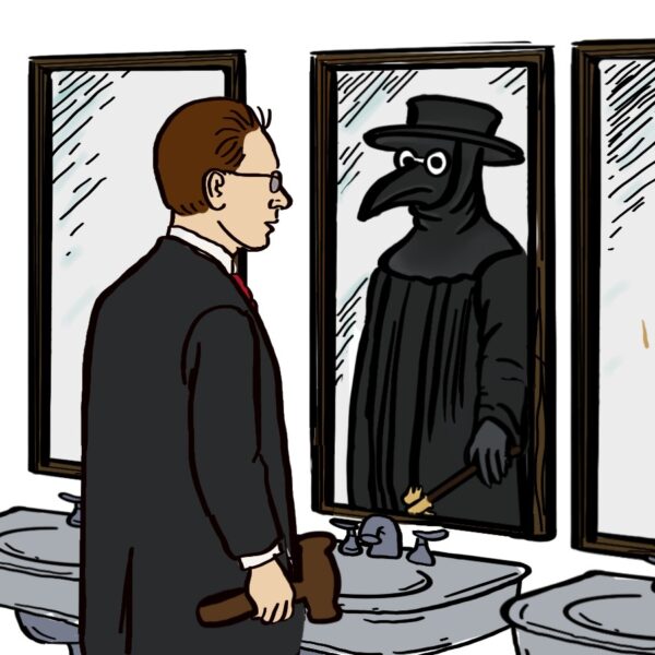 Cartoon depicting a lawyer seeing medical quackery in his mirror reflection