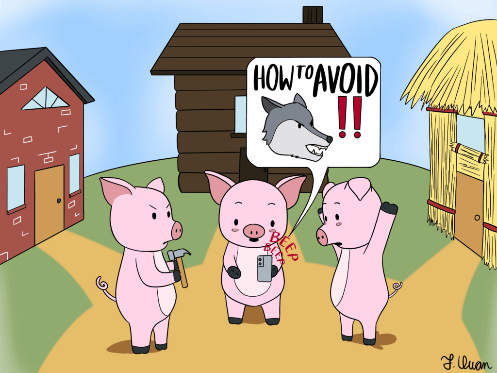 Cartoon depicting three little pics trying to avoid eviction from the wolf