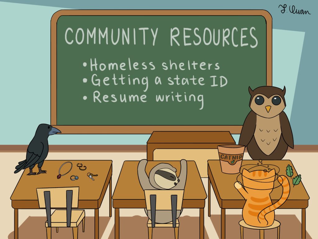 Cartoon depicting an owl teaching life skills to some repeat offenders of the animal world