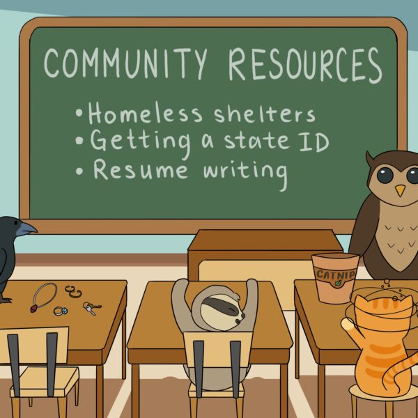 Cartoon depicting an owl teaching life skills to some repeat offenders of the animal world