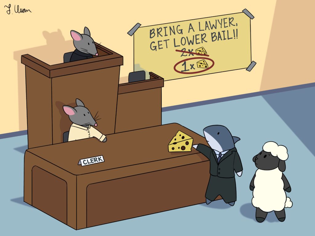 Cartoon depicting a defendant getting lower bail because of the presence of a lawyer