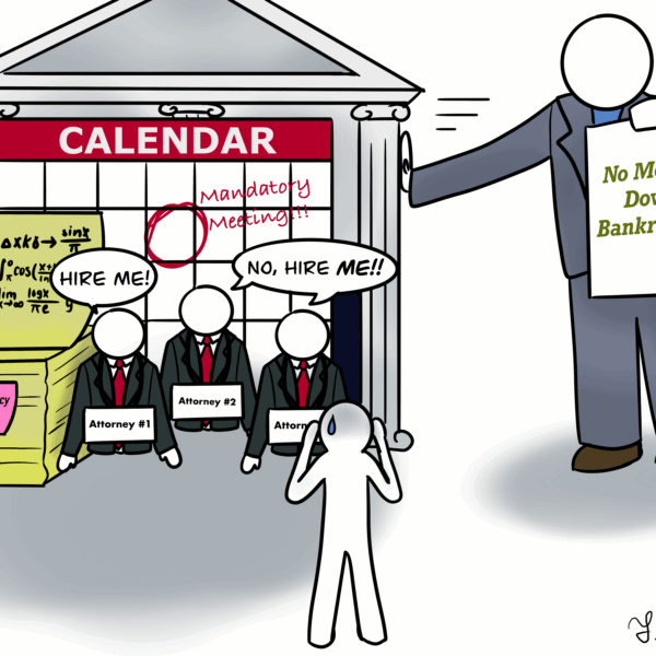 Cartoon depicting the confusion and difficulties of filing for no-money-down bankruptcy