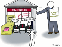 Cartoon depicting the confusion and difficulties of filing for no-money-down bankruptcy