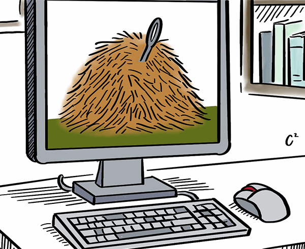 Cartoon depicting website navigation as searching for a needle in a haystack