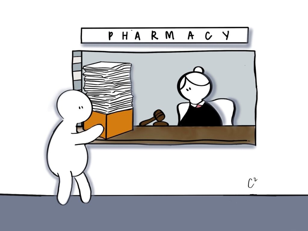 Cartoon depicting legal delays for involuntarily committed psychiatric patients with schizophrenia seeking treatment in Massachusetts
