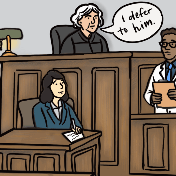 Cartoon depicting a judge deferring to a mental health professional.