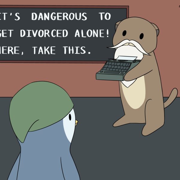Cartoon depicting an outdated mandate requiring a typewriter in order to file for divorce