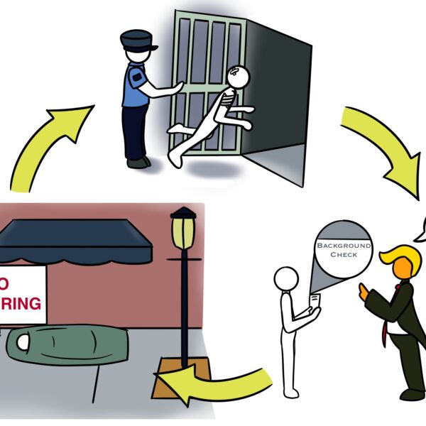 Cartoon depicting cycle of pretrial detention and the social and economic costs on communities