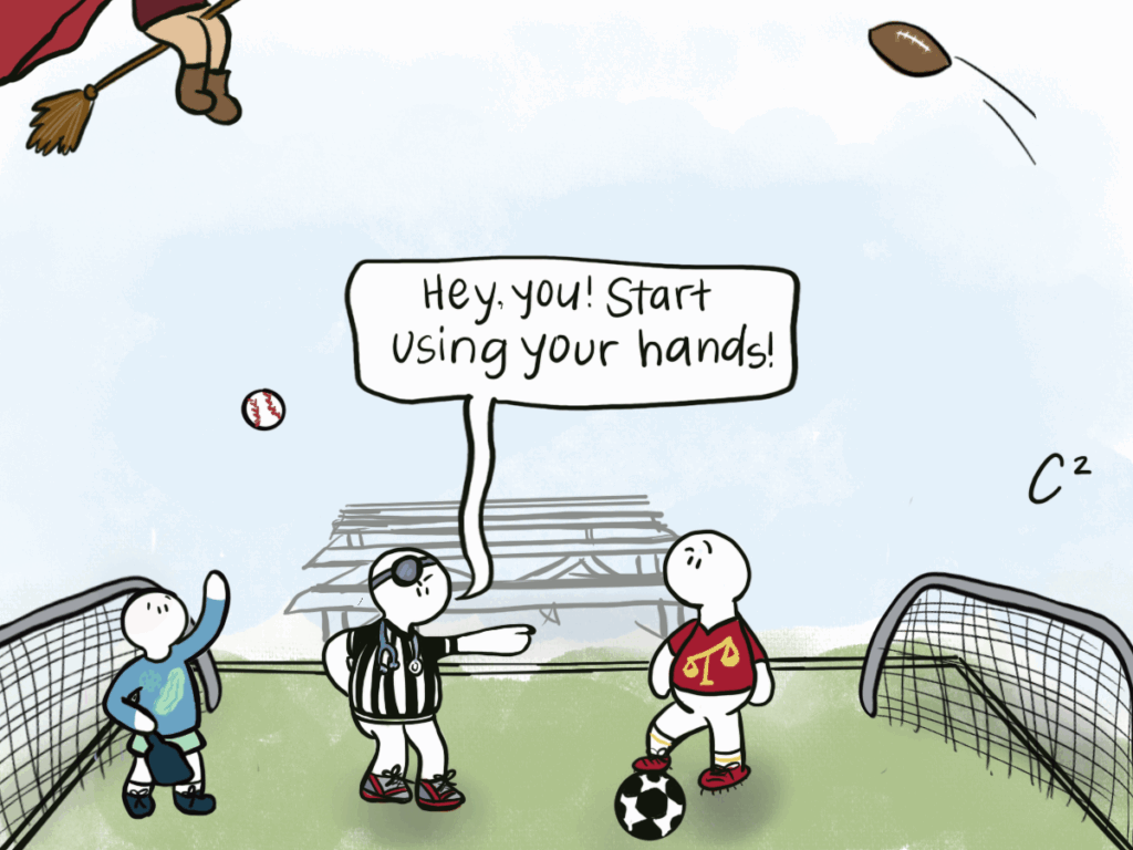 Cartoon depicting a soccer player being told by a ref to start using hands in the game.