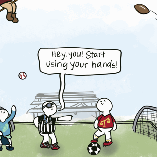 Cartoon depicting a soccer player being told by a ref to start using hands in the game.