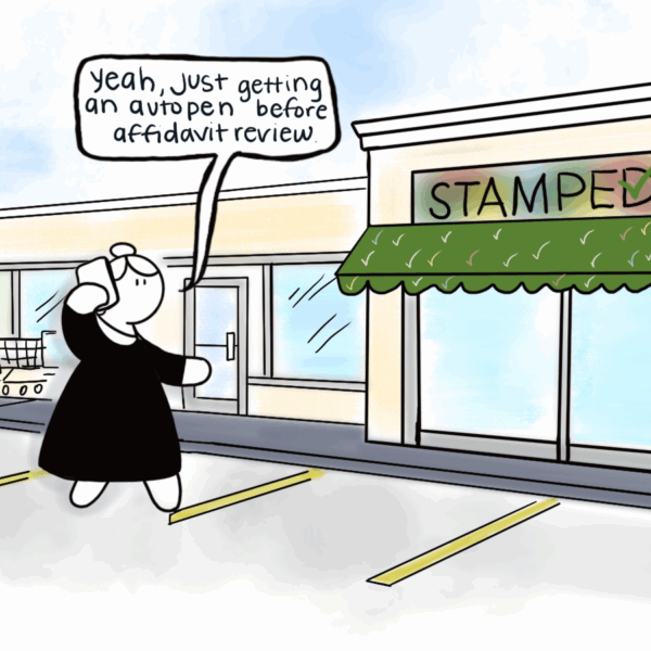 Cartoon depicting a judge on a cellphone saying they're buying an autopen before affidavit review