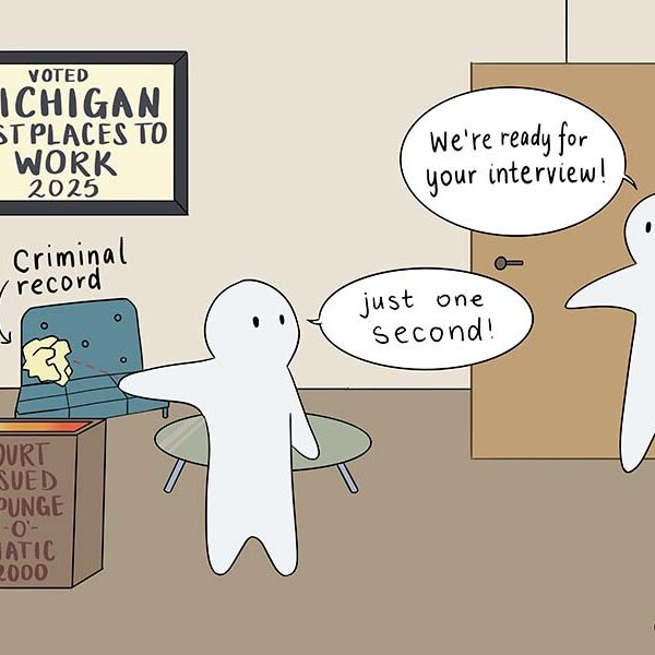 Cartoon depicting an individual throwing out a criminal record while heading into a Michigan job interview