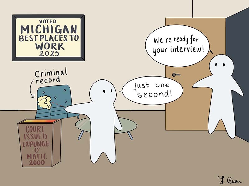 Cartoon depicting an individual throwing out a criminal record while heading into a Michigan job interview