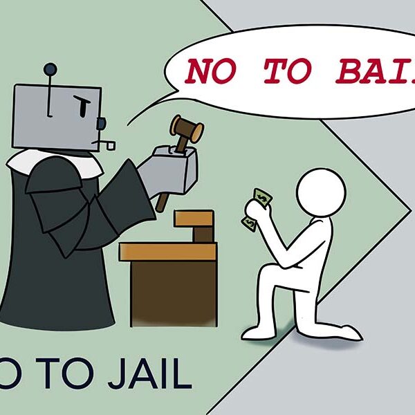 Cartoon depicts individual begging for cash bail to a robot judge who is refusing it