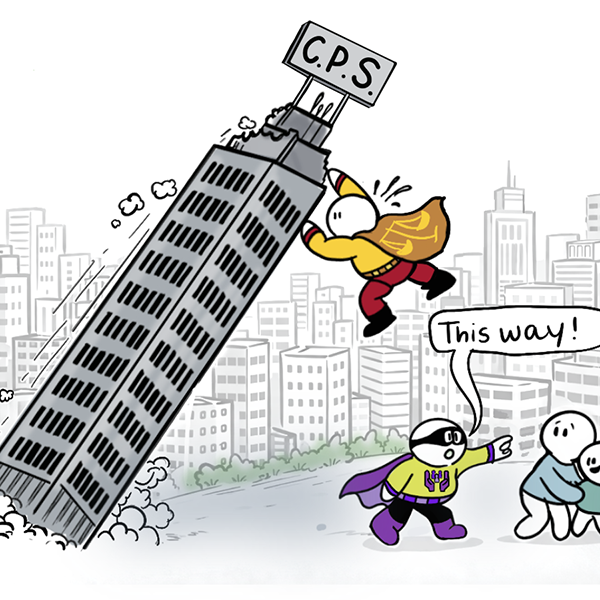 Cartoon depicts Child Protection Services as a falling building, with law and medical support helping to save a family