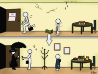Cartoon comparing a household of neglect due to poverty vs. a household with a little more money running smoothly.
