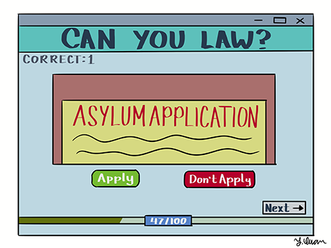 Cartoon depicting a multiple-choice case test for lawyers