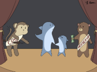 Cartoon depicting a mother and child on a stage between a bear representing Mother Up and holding cash out to them and a monkey representing Child Protection Services and being pulled off the stage.