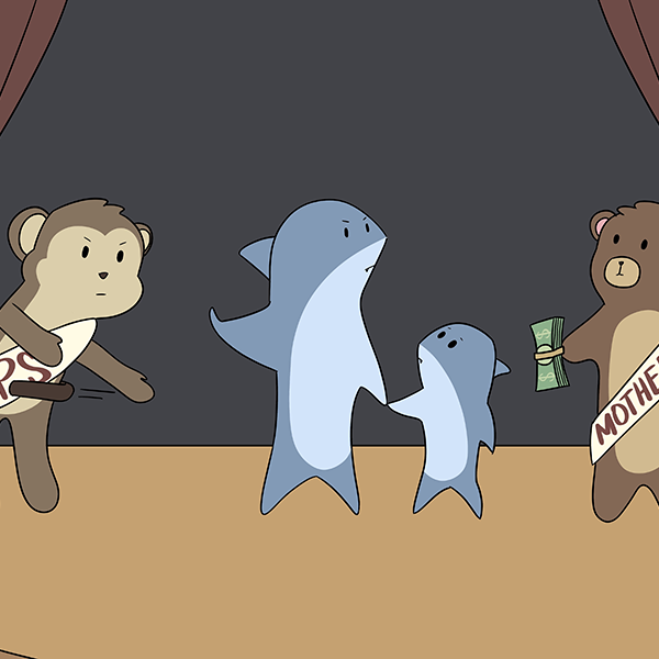 Cartoon depicting a mother and child on a stage between a bear representing Mother Up and holding cash out to them and a monkey representing Child Protection Services and being pulled off the stage.