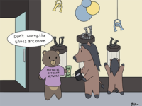Cartoon depicting Mothers Outreach Network (as a bear) giving money to a mother and child (drawn as horses) to buy (horse) shoes.