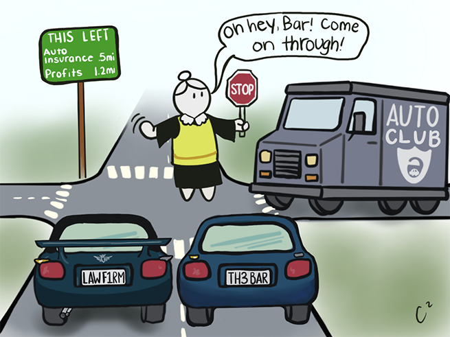 Cartoon depicting the bar as autos being allowed through an intersection in which a truck labeled as an auto club must stop.