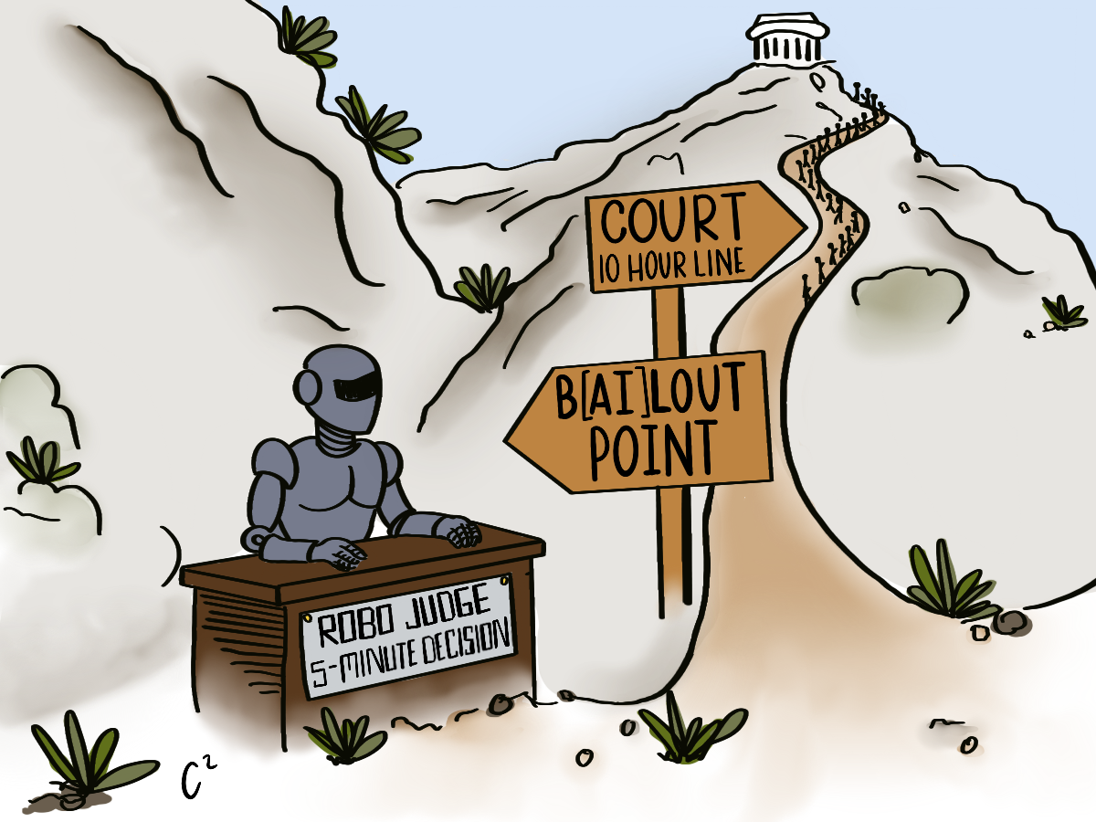 Cartoon depicting a sign pointing up a long path to Court (10-hour line) vs a sign pointing to a desk with a robot indicating a 5-minute AI decision