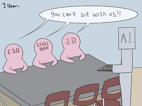 Cartoon depicting AI as a robot not allowed to sit at the lunch table with the lawyers, J.D. candidates, and bar associations.