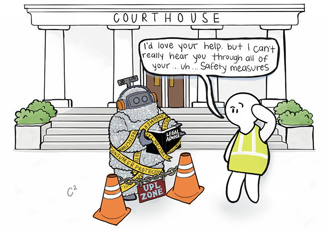 Cartoon depicting a pro se litigant seeking help from AI, but AI is literally tied up in caution tape from UPL regulations