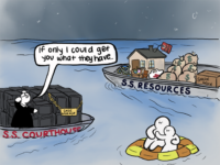 Cartoon depicting a parent and child stuck on a life boat with the S.S. Courthouse boat nearby holding case storage and S.S. Resources boat holding everything the parent and child need (social work, financial help, etc.).