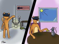 Cartoon depicting a police officer as a cat shining a light on a mouse chained in a room vs. cat in a window-lit room giving a mouse a piece of cheese at a table.