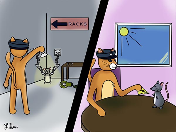 Cartoon depicting a police officer as a cat shining a light on a mouse chained in a room vs. cat in a window-lit room giving a mouse a piece of cheese at a table.