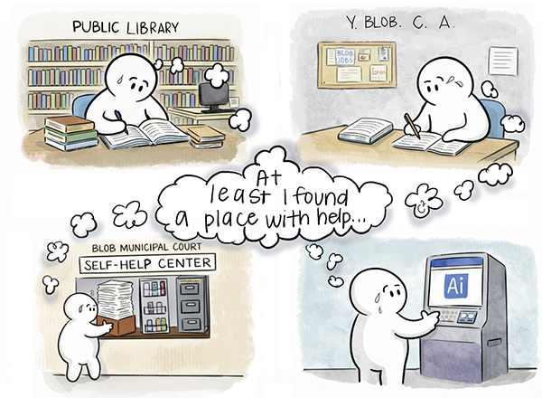 Cartoon depicting Blob accessing AI legal help from various publicly accessible locations--library, municipal court self-help center, community centers, and 'AI terminals'.