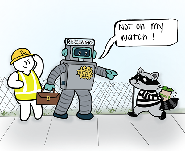 Cartoon depicting a Reclamo robot protecting a worker from a robber stealing worker wages