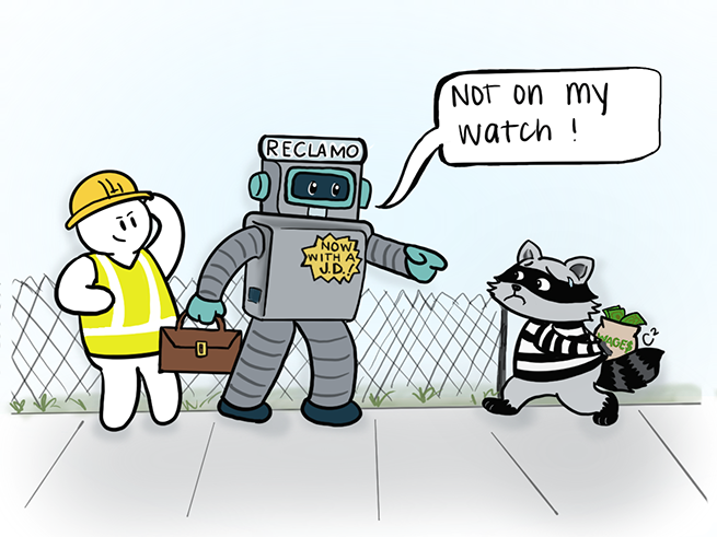 Cartoon depicting a Reclamo robot protecting a worker from a robber stealing worker wages