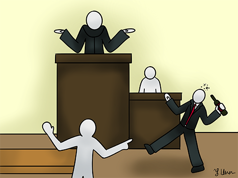 Cartoon depicting a drunk attorney representing a client, with the judge shrugging it off