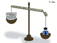 Cartoon depicting a scale measuring the Law Enforcement Officer Bill of Rights, with public accountability being outweighed by police protections.