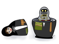 Cartoon depicting a judge as the outer layer of stacking dolls with a robot as one of the inner dolls.