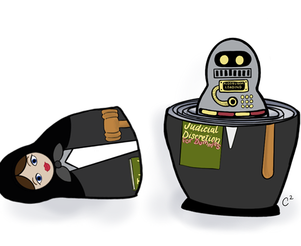 Cartoon depicting a judge as the outer layer of stacking dolls with a robot as one of the inner dolls.