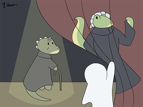 Cartoon depicting "Blob" moving a stage curtain with a picture of a confident judge and seeing the actual judge behind the curtain looking concerned.