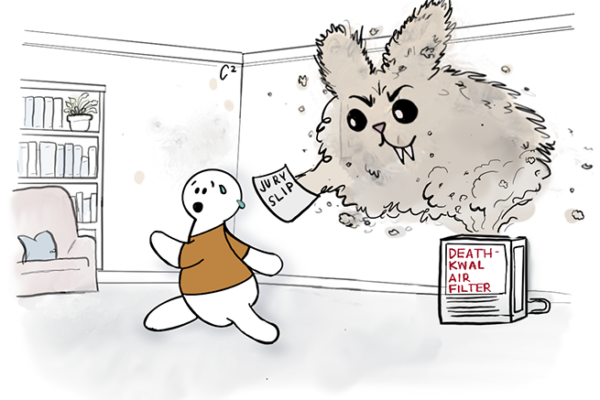 Cartoon depicting a dust bunny from "Death-Kwal Air Filter" handing out a jury slip to a worried individual trying to run away from it.